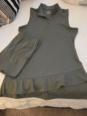 Sleeveless Mini Dress with Ruffle Hem - Olive Green